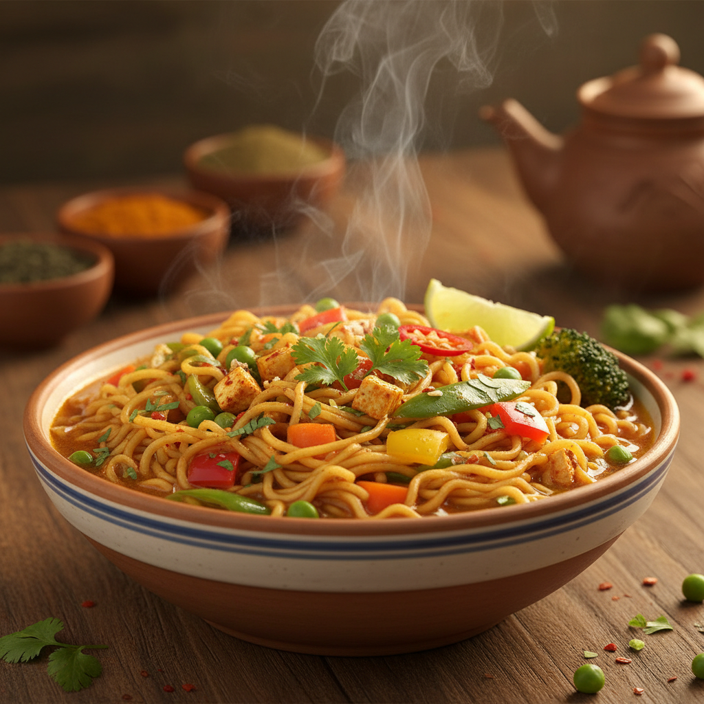 Steaming hot Maggi masala noodles in a bowl with vegetables