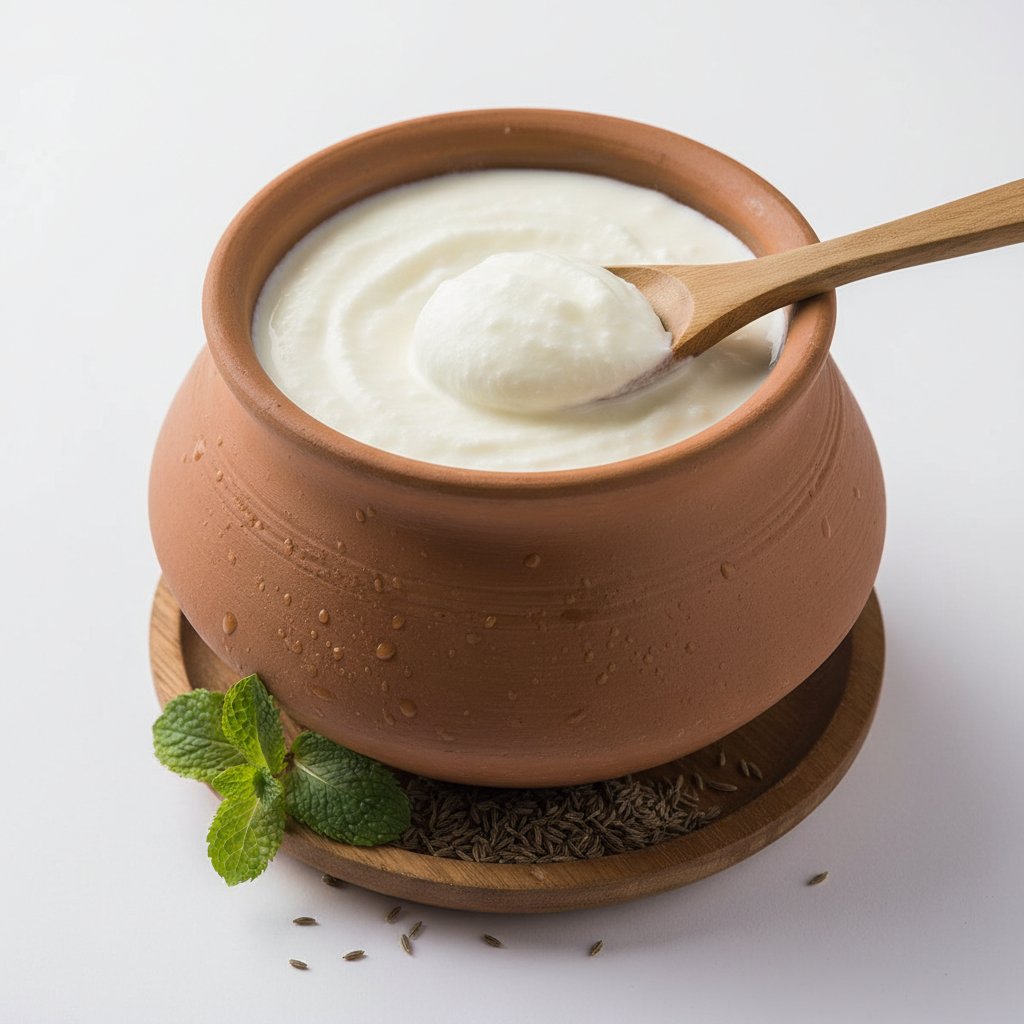 Fresh creamy curd in a clay pot