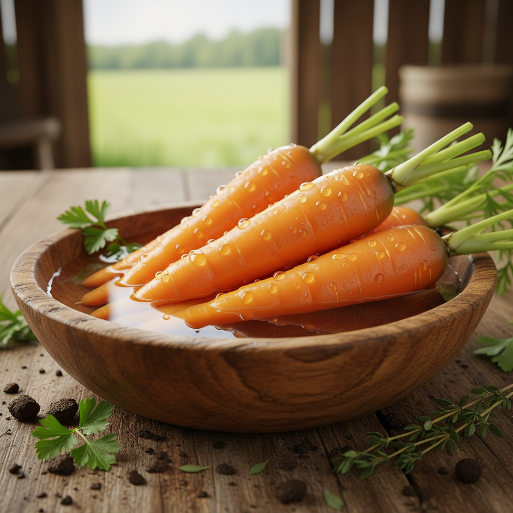 Fresh carrots in bowl with water droplets