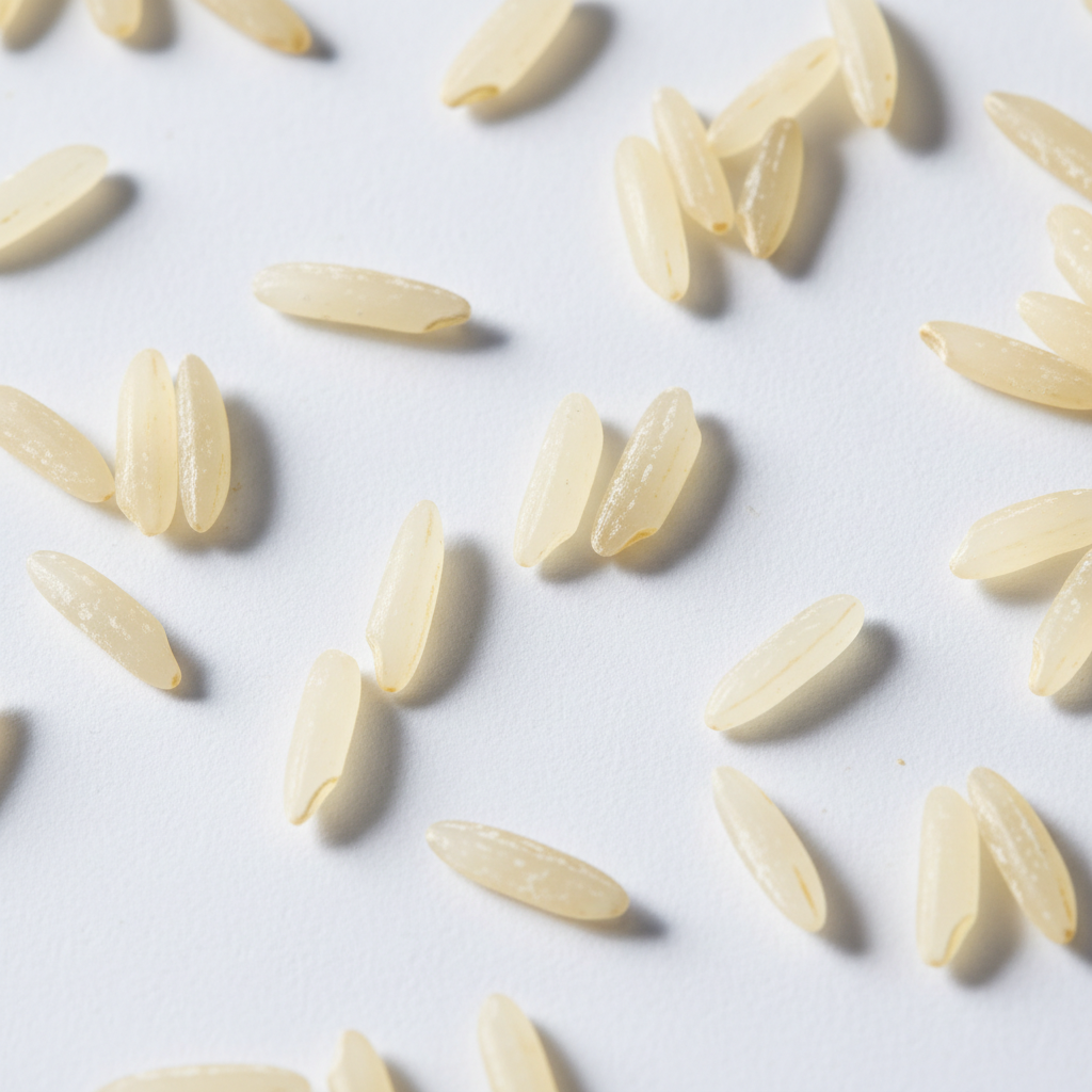 Long slender raw basmati rice grains close up
