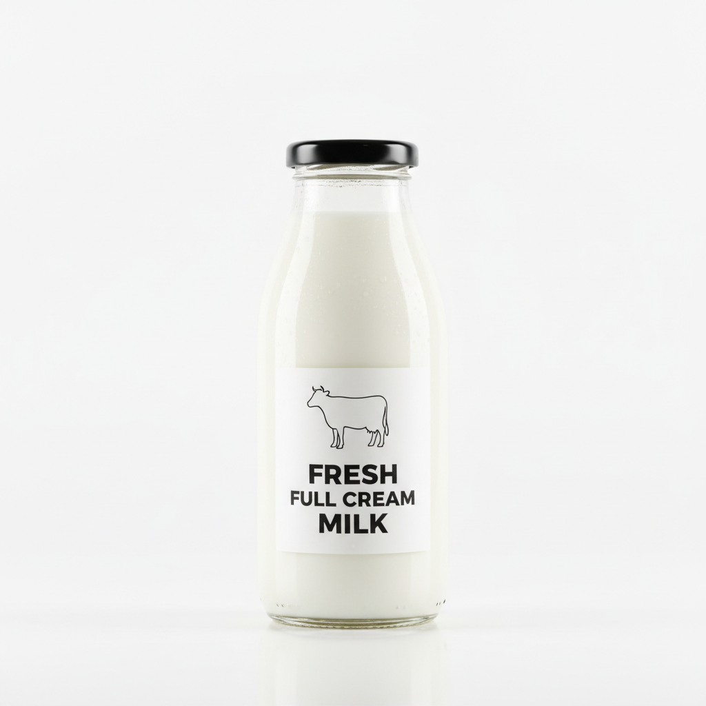 Fresh full cream milk in a glass bottle