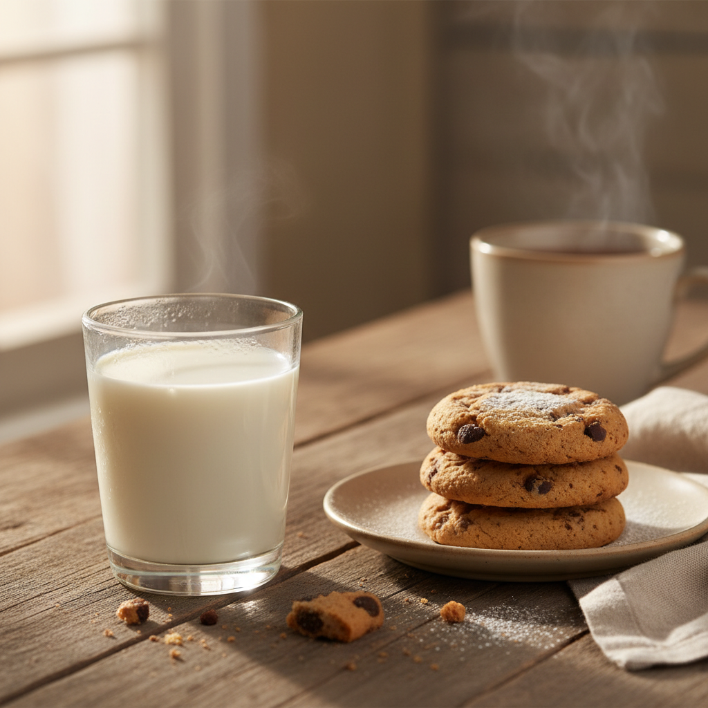 Glass of fresh milk with cookies on wooden table