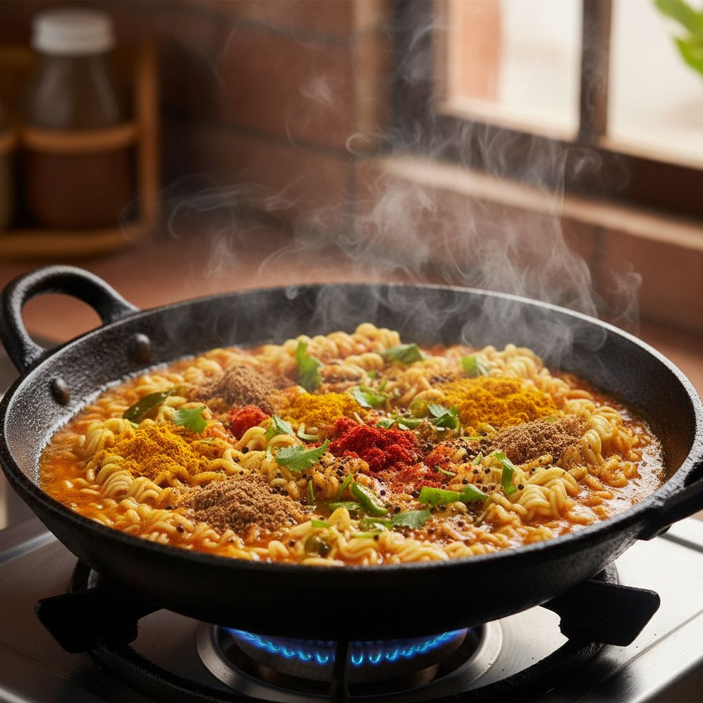 Maggi noodles being cooked in a pan