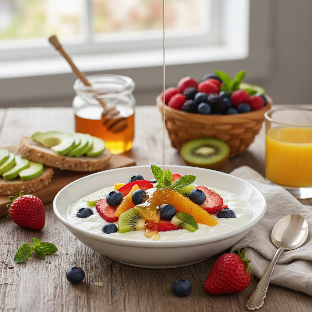Fresh curd with fruits and honey