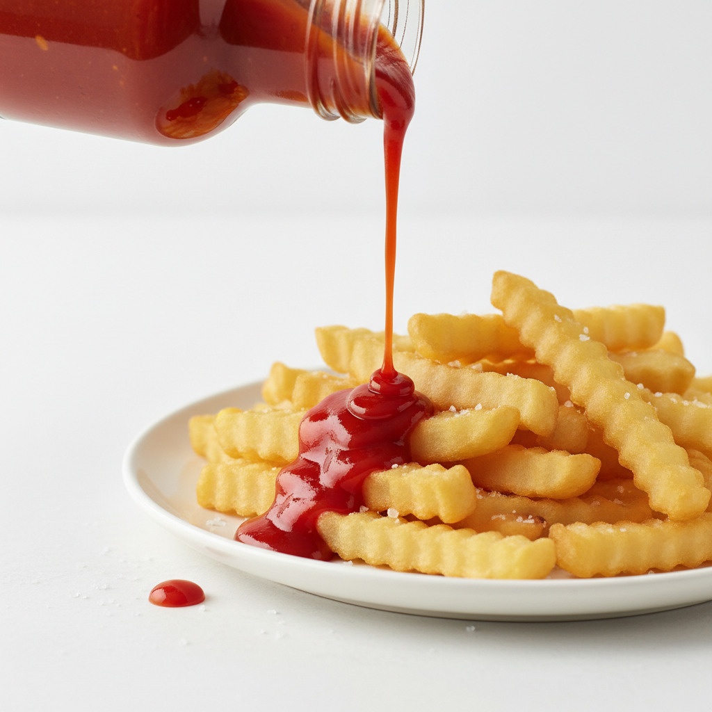 Tomato ketchup poured on french fries