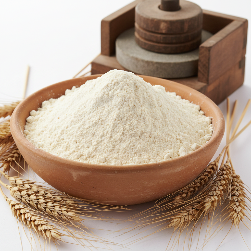 Fresh wheat flour in a bowl with wheat stalks