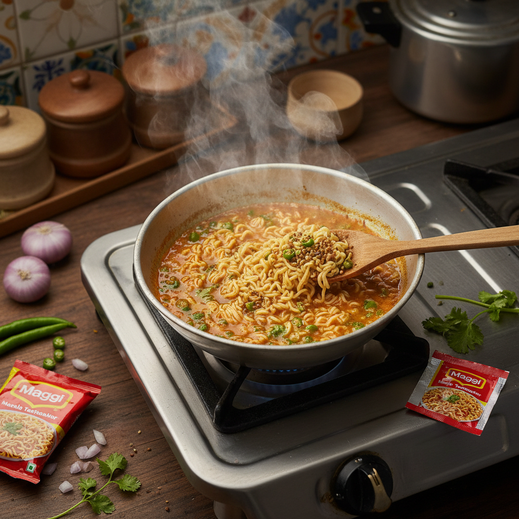 Maggi noodles being cooked in a pan with masala tastemaker top view
