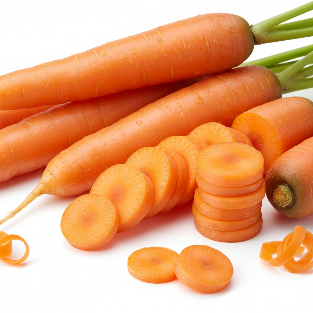Fresh carrots sliced and whole showing texture