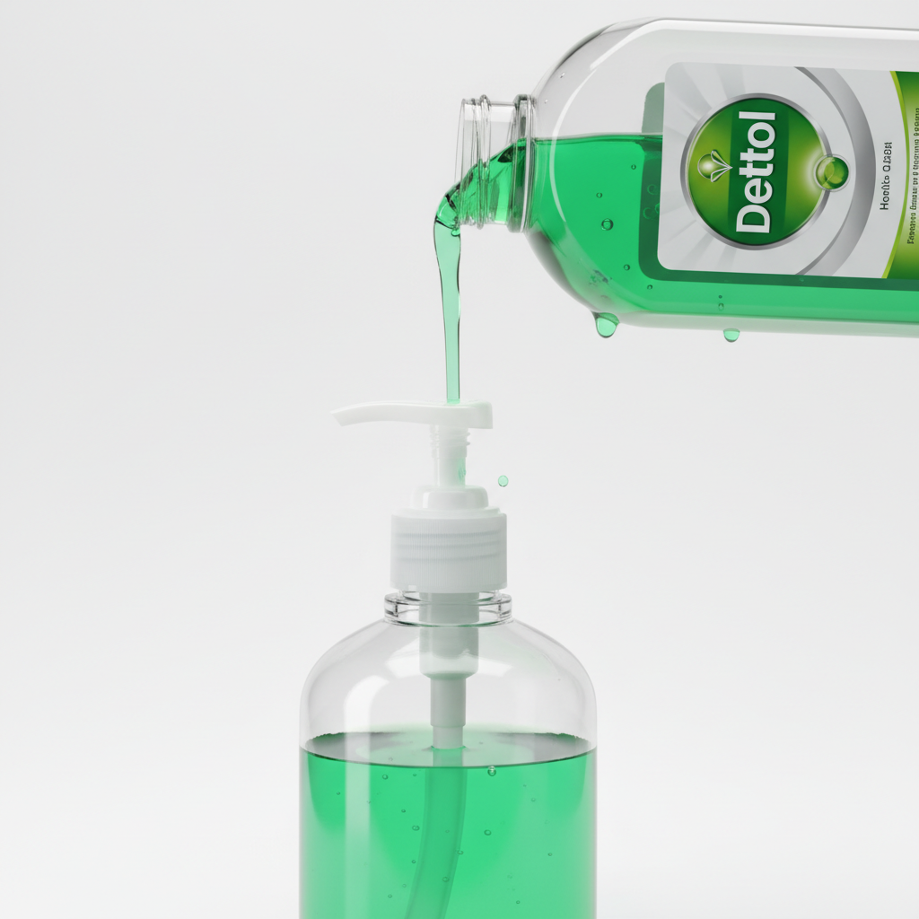 Dettol green handwash being poured into dispenser bottle side angle