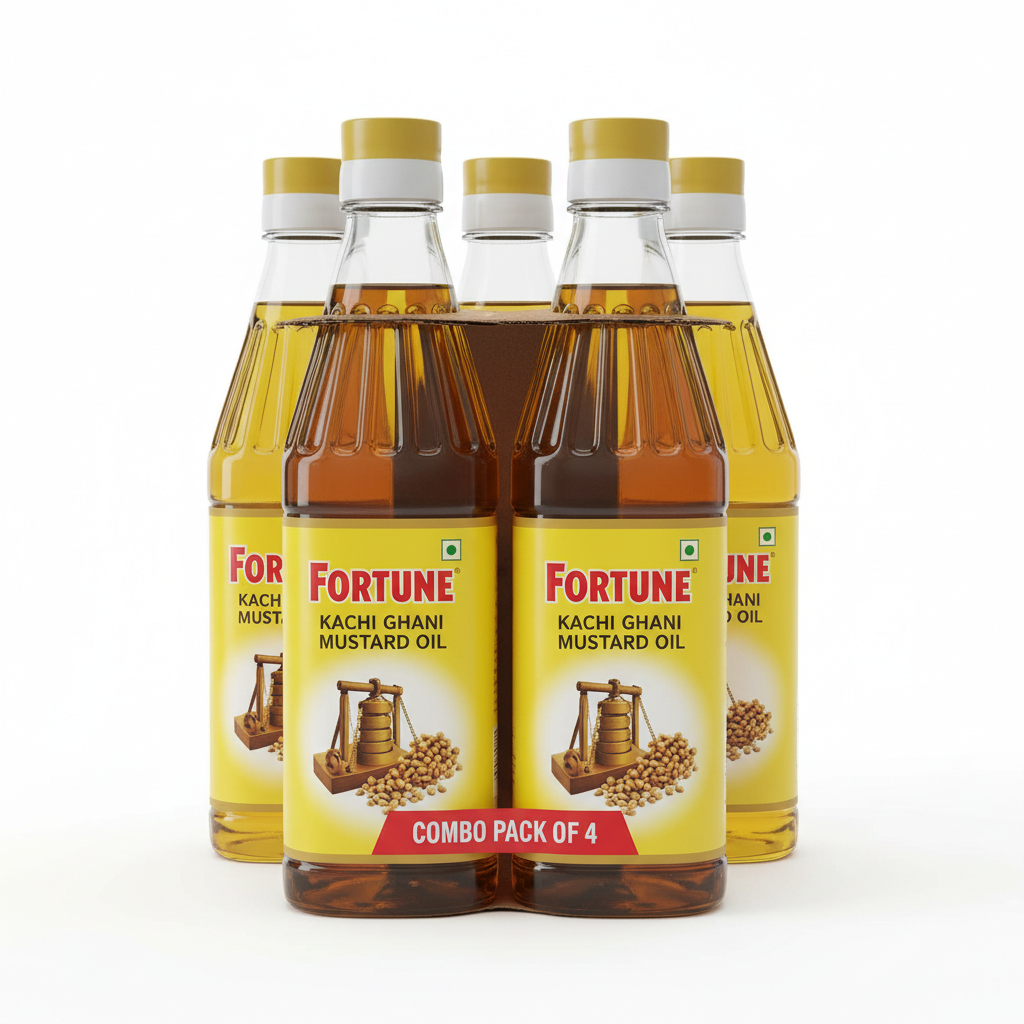 Fortune Kachi Ghani Mustard Oil Combo Pack of 4 - Front View