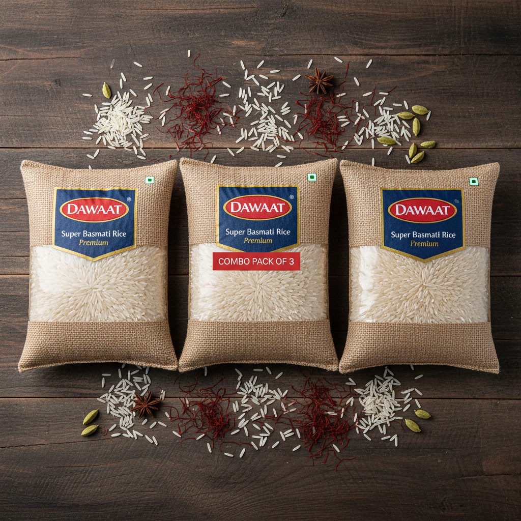 Dawaat Super Basmati Rice Premium Combo Pack of 3 - Top Down