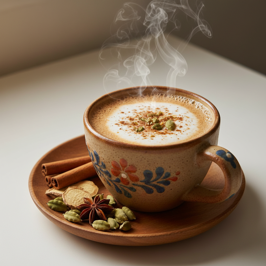 Hot steaming cup of Indian masala chai tea with milk side angle