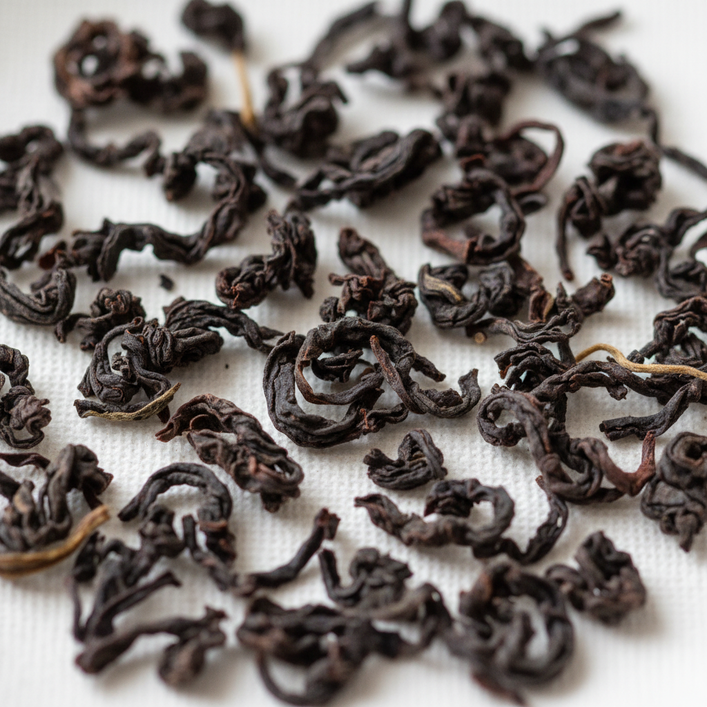 Loose black premium tea leaves scattered close up macro top view