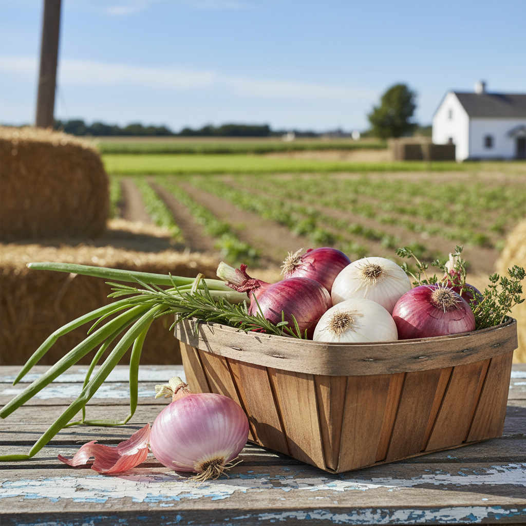 Fresh onions in a wooden basket