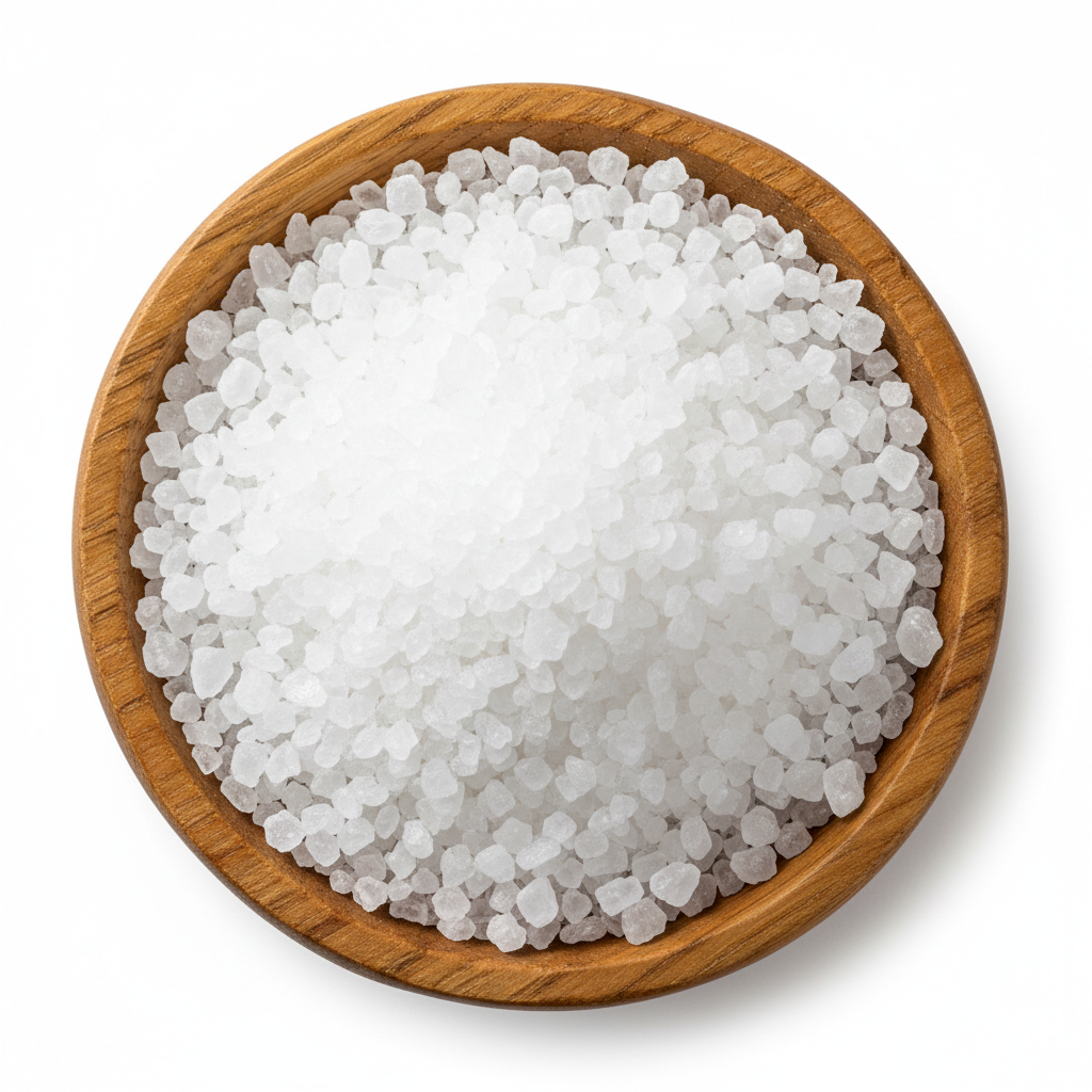 Pure white iodized salt crystals in a wooden bowl top view