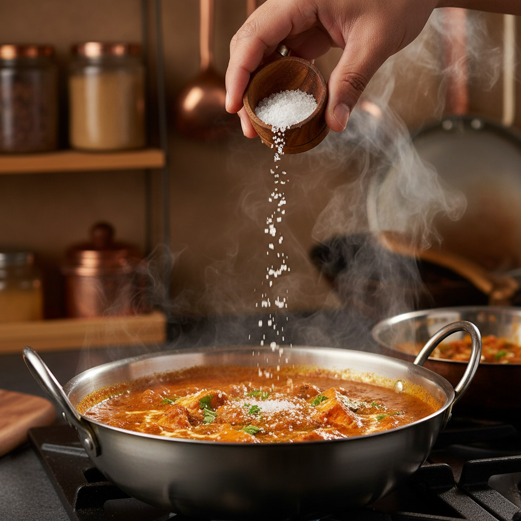 Salt being sprinkled on Indian food while cooking side angle