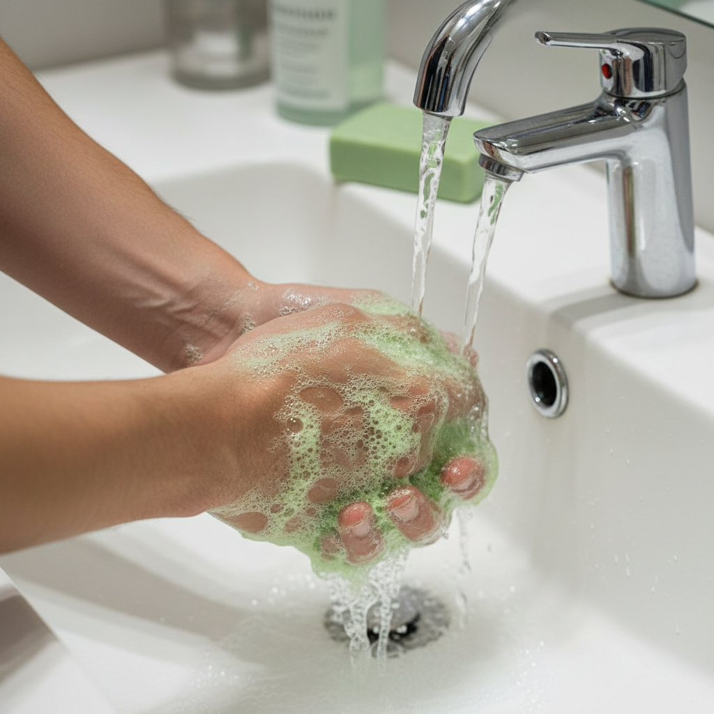 Hands being washed with antibacterial soap lather under running water