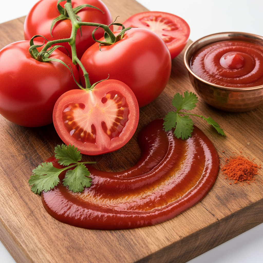 Fresh red tomatoes with ketchup sauce