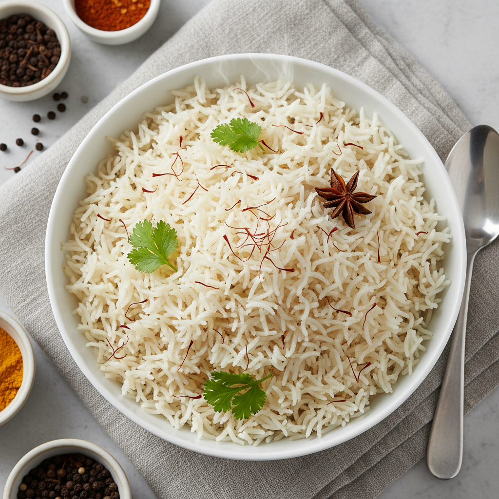 Fluffy cooked basmati rice in a white bowl with saffron