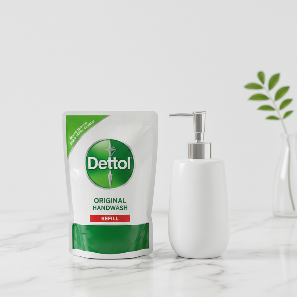 Dettol handwash refill pack next to soap dispenser on bathroom counter