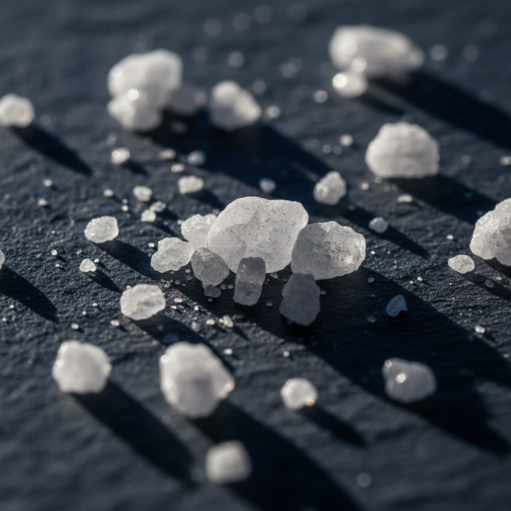 Salt crystals scattered on dark surface dramatic macro shot