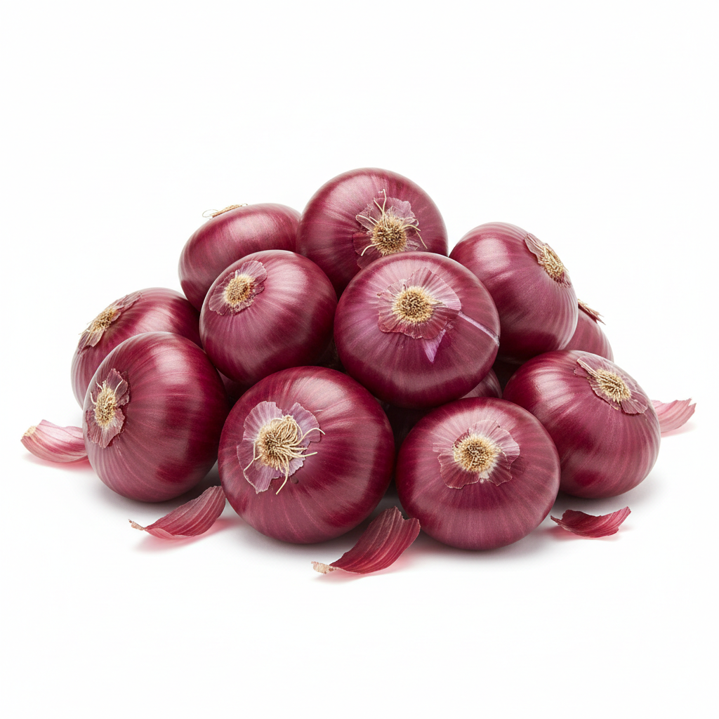Fresh red onions pile on white background