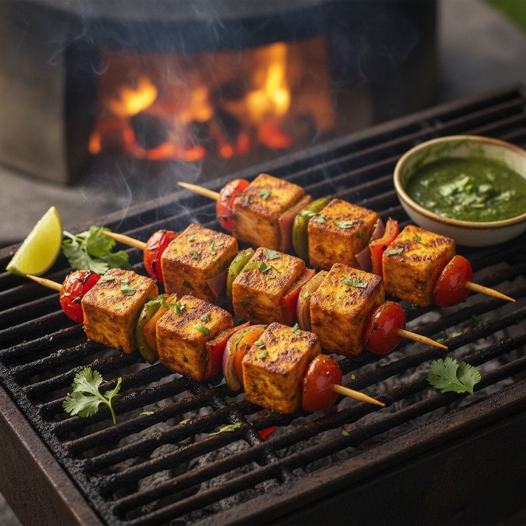Paneer tikka on skewers grilled with spices