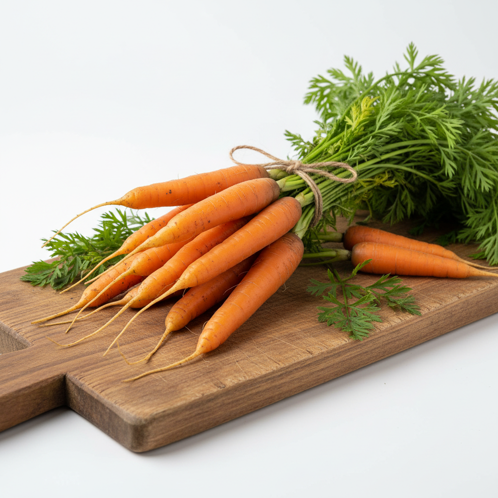 Fresh organic carrots bundle on wooden surface